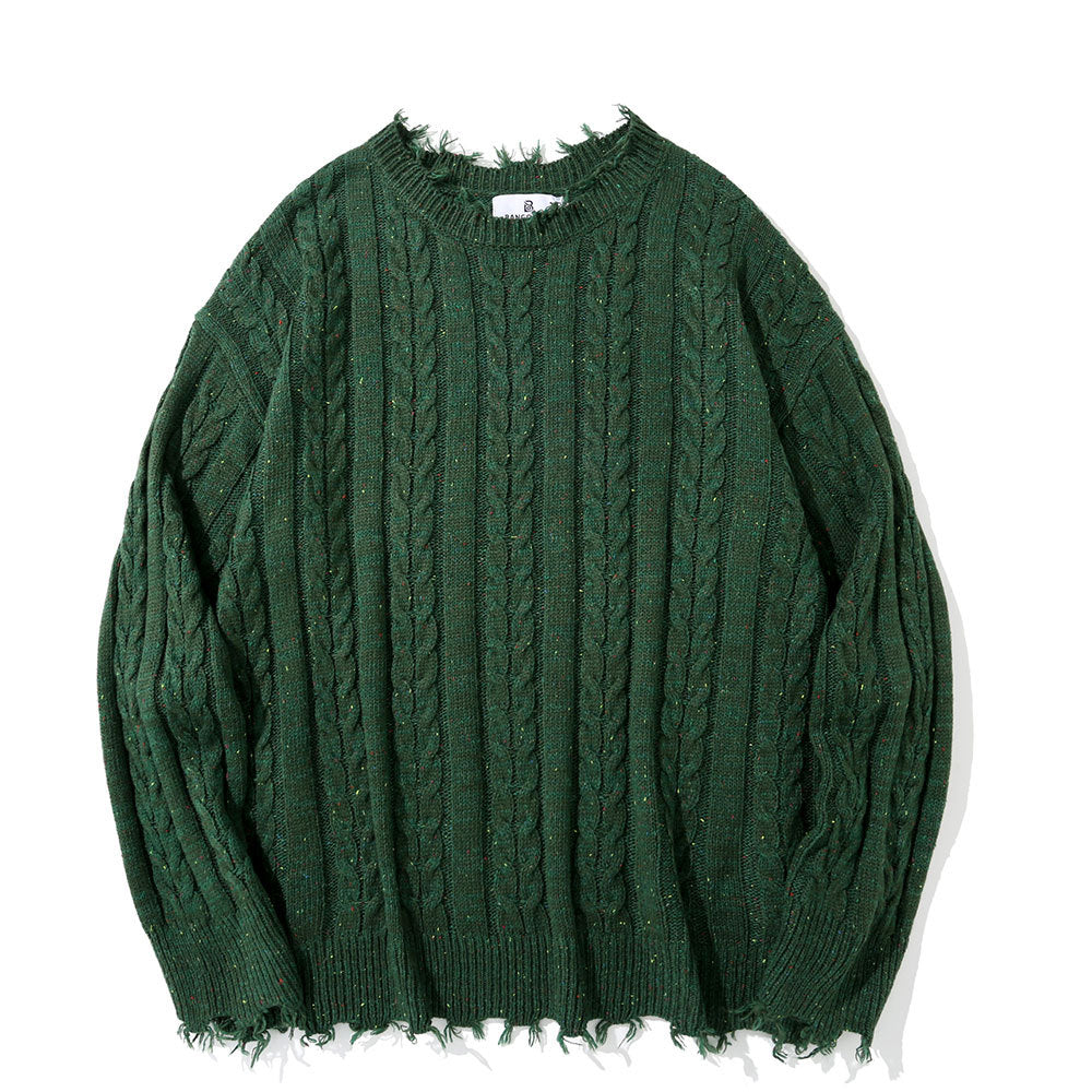 Men's High Street Pure Color Jacquard Ripped Sweater