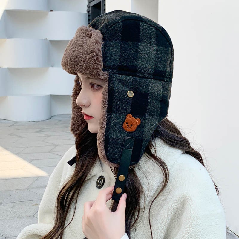 Plaid Thermal Windproof Cycling Earflaps Ushanka Hat | Embroidered Cap