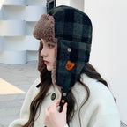 Plaid Thermal Windproof Cycling Earflaps Ushanka Hat | Embroidered Cap