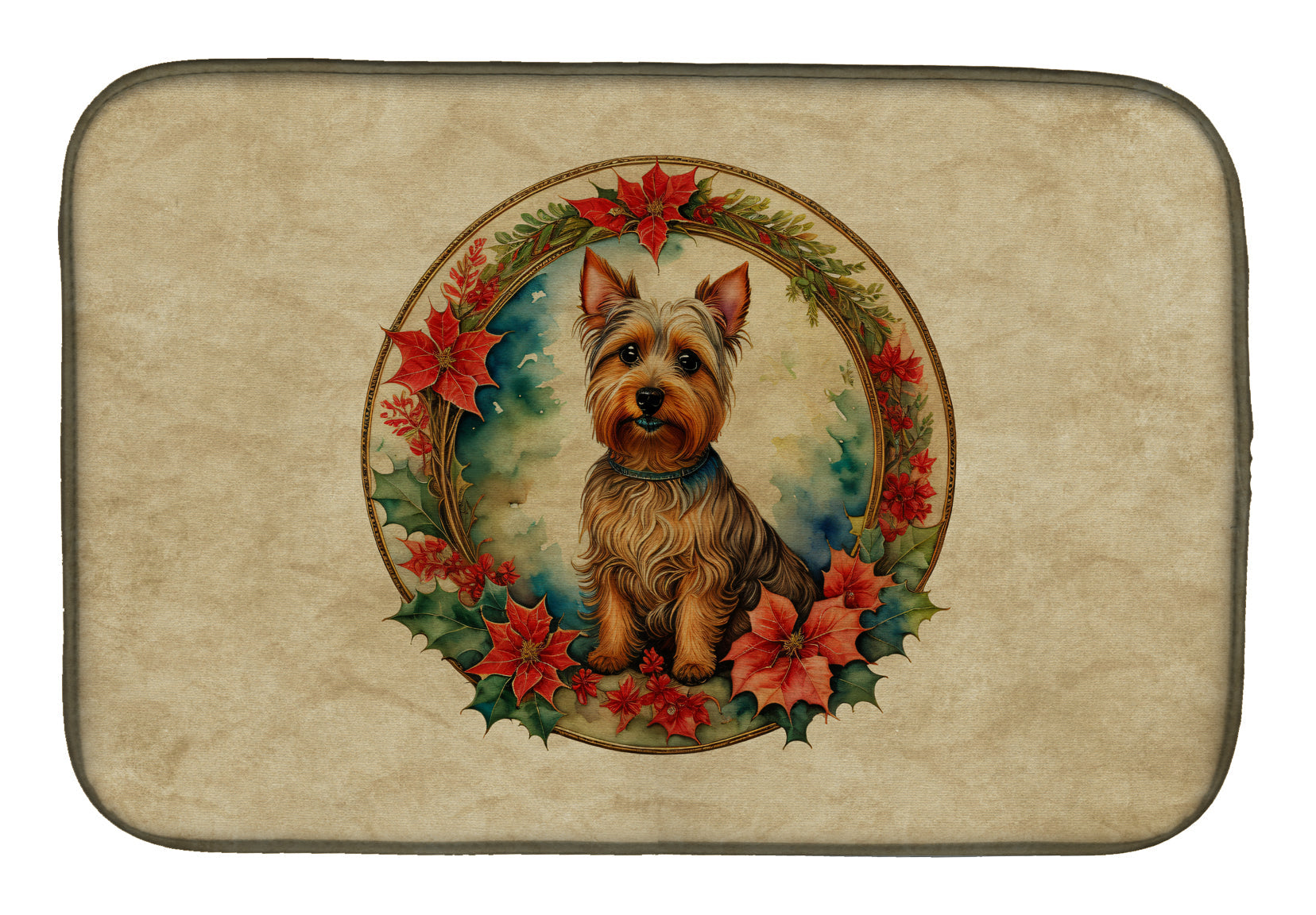 Australian Terrier Christmas Flowers Dish Drying Mat