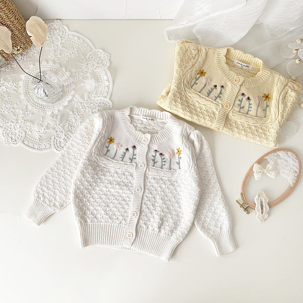 Embroidered Girls' Cardigan Sweater with Twisted String
