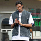 Men's Sleeveless Denim Tank Top with Multi Pockets