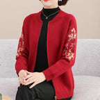 Embroidered Wool Cardigan for Middle-Aged Women