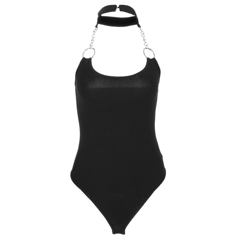 Iron Ring Zipper Halter Backless Bodysuit