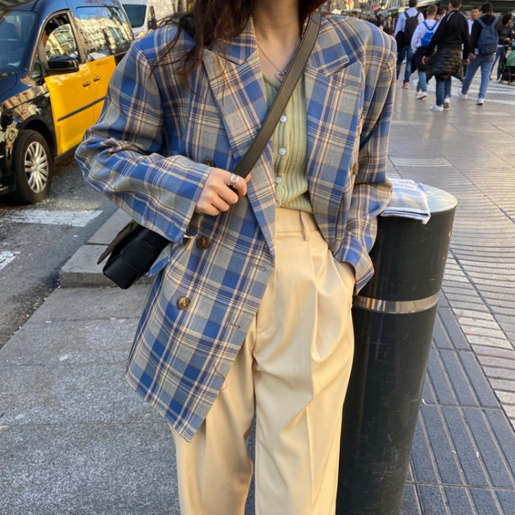 Loose Fit Plaid Suit Jacket a Relaxed Style