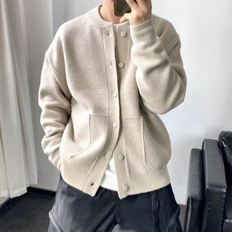Men's Wool Cardigan - Spring Autumn Round Neck Sweater