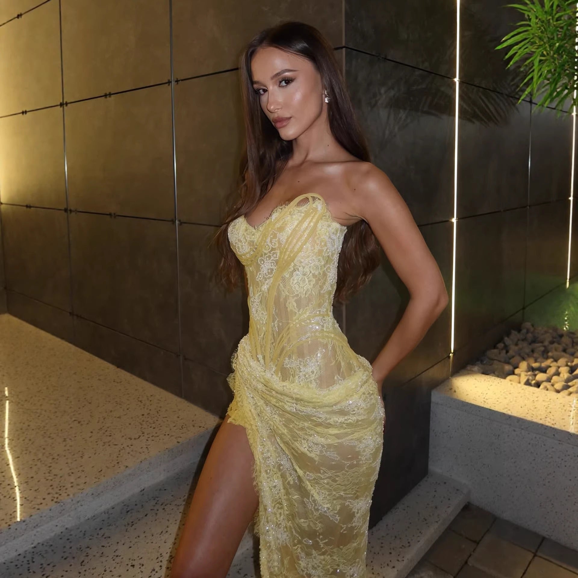 Bustier Lace Sequin High-Slit Dress