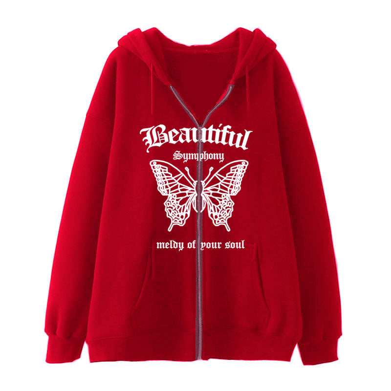 Dark Butterfly Print Zip Casual Cardigan Sweatshirt | Streetwear
