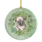 Pug Puppy Fawn Head Tilt Christmas Wreath Ceramic Ornament