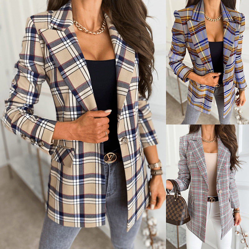 Women's Long-Sleeved Plaid Print Jacket Suit