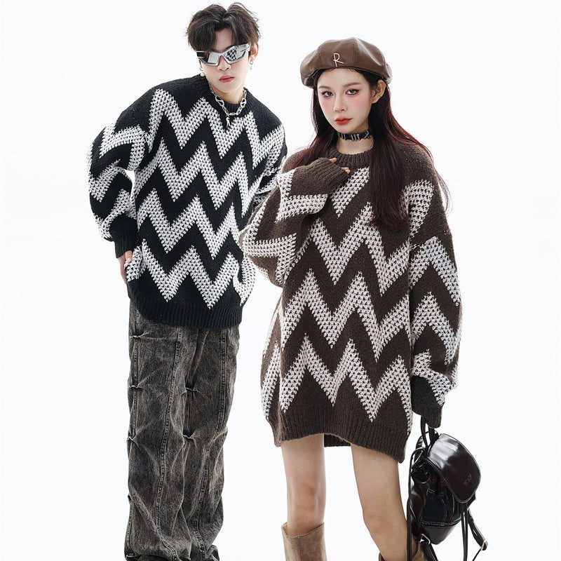 Retro Plaid Wave Striped Sweater