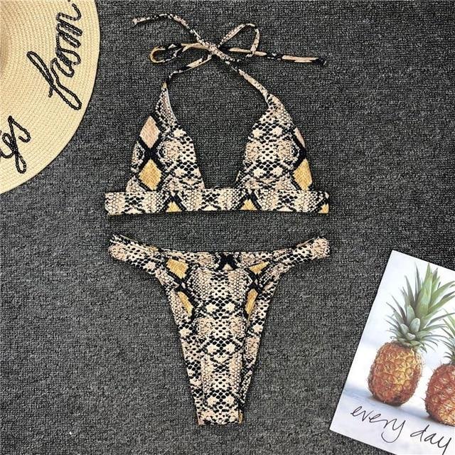 Snake Print Halter Triangle Bikini Set