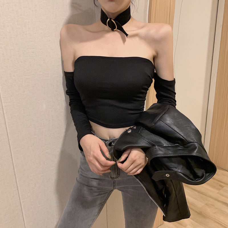 Off-Shoulder Long Sleeve Crop Top with Tie Detail