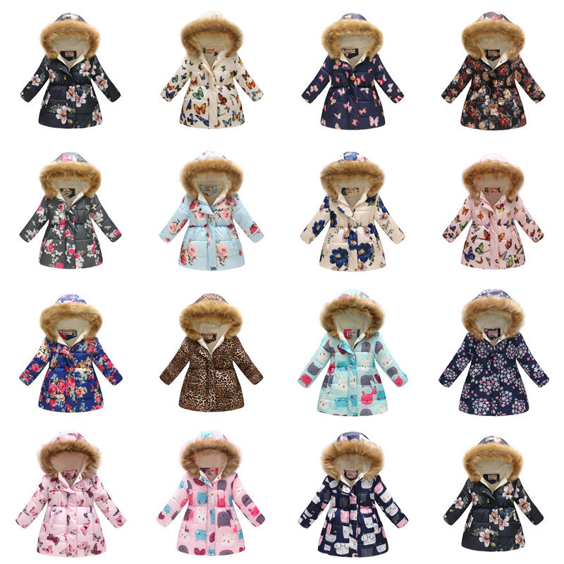 Children's Hooded Cotton Jacket with Long Fur Collar