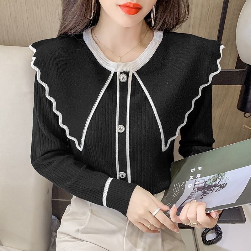 Sweet Lotus Leaf Collar Slim Fit Western Sweater