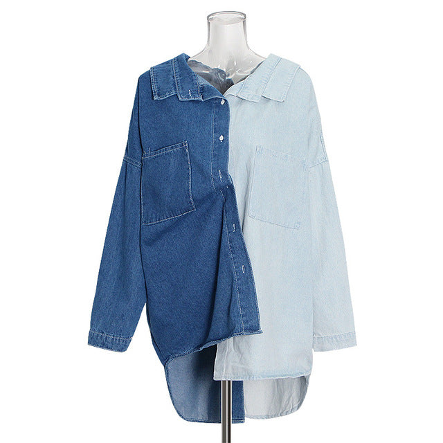 2024 Women's Color Block Denim Shirt Jacket (Plus Size)