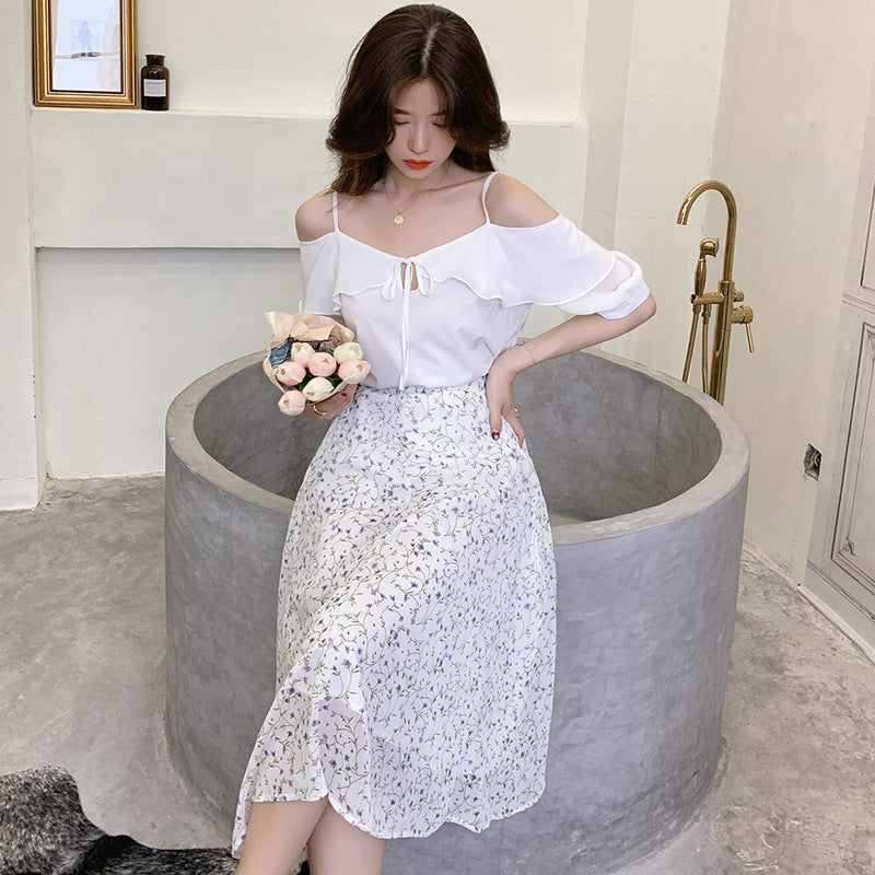 Cold-Shoulder Ruffle Top and Floral Skirt Set