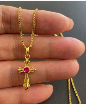Cross Necklace with Pink Rhinestone Pendant