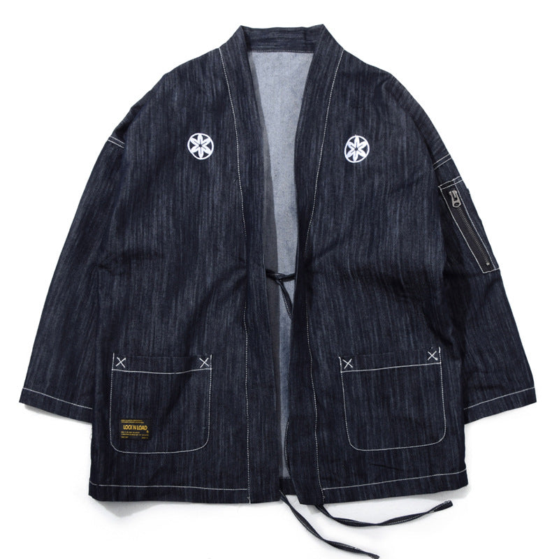 Japanese Embroidered Denim Kimono Cardigan Coat
