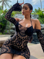 Black Mesh Skirt Lingerie with Off-Shoulder Long Sleeves