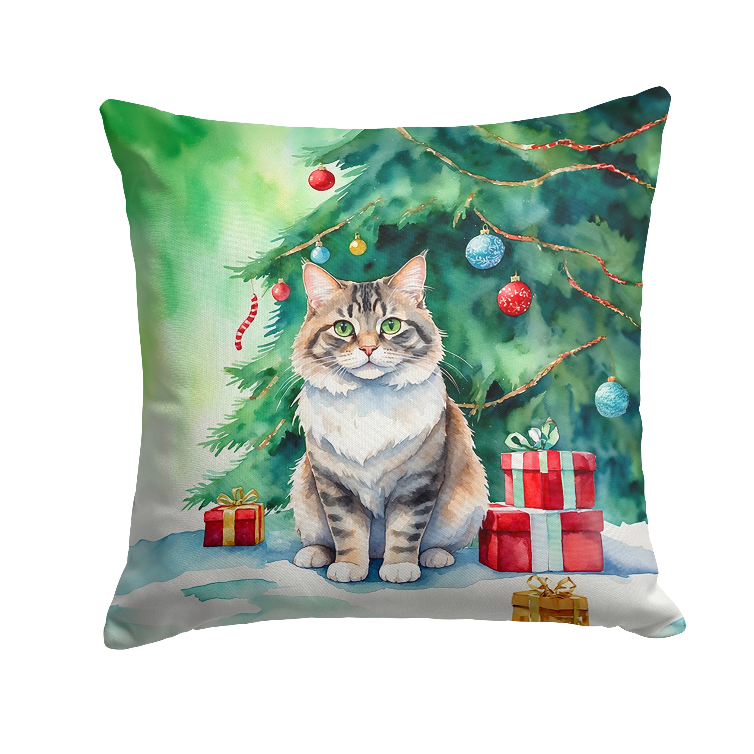 Kurilian Bobtail Cat By the Christmas Tree Throw Pillow