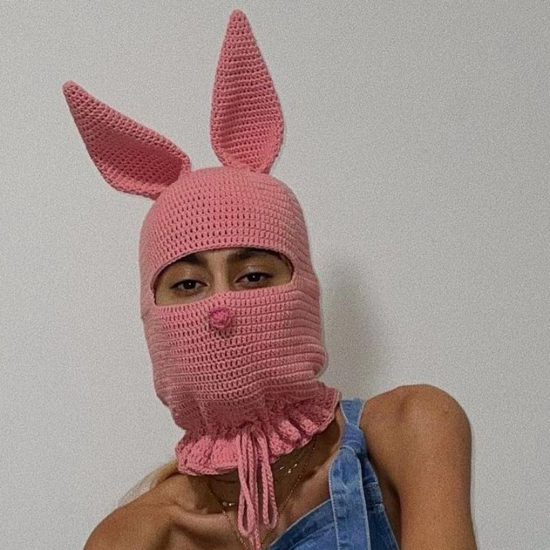 Handmade Knitted Wool Hat with Rabbit Ears for Women | Embroidered Cap