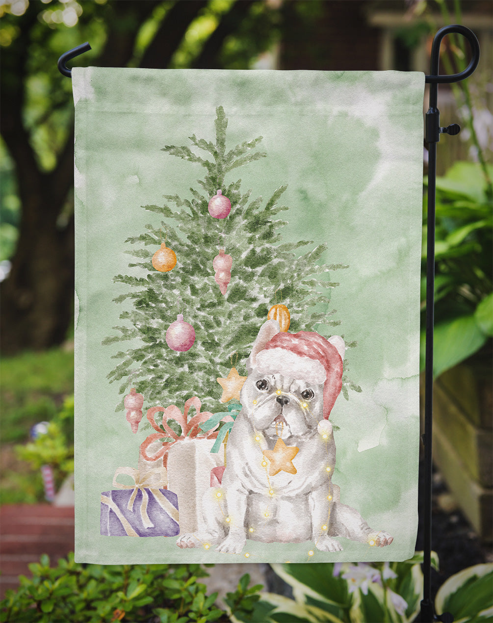 French Bulldog White Christmas Presents and Tree Garden Flag