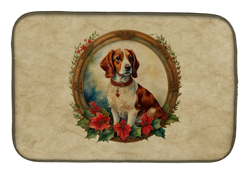Brittany Spaniel Christmas Flowers Dish Drying Mat