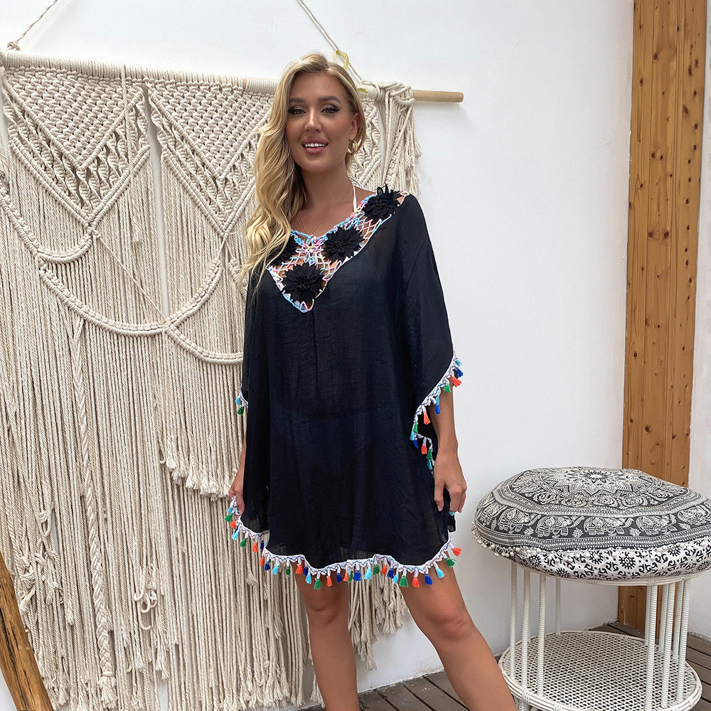 Solid Color V-Neck Crochet Beach Cover-Up Dress