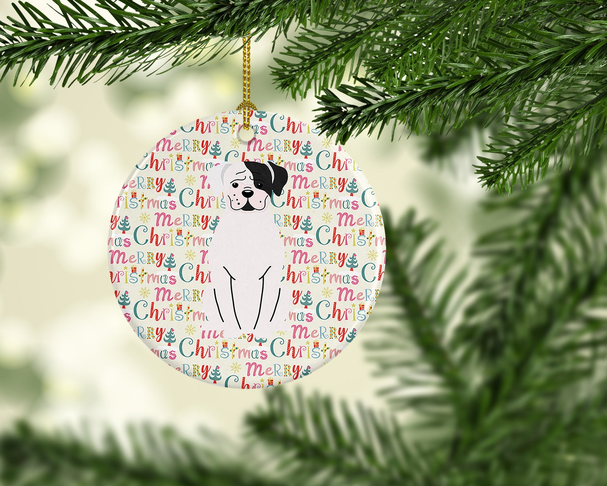 Merry Christmas White Boxer Cooper Ceramic Ornament