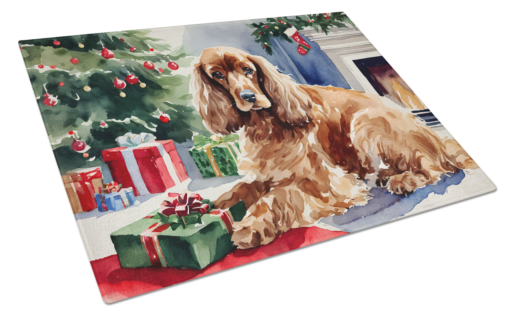 Cocker Spaniel Cozy Christmas Glass Cutting Board