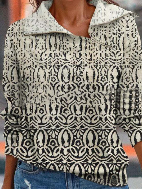 Women's Digital Print Zippered Loose Sweater