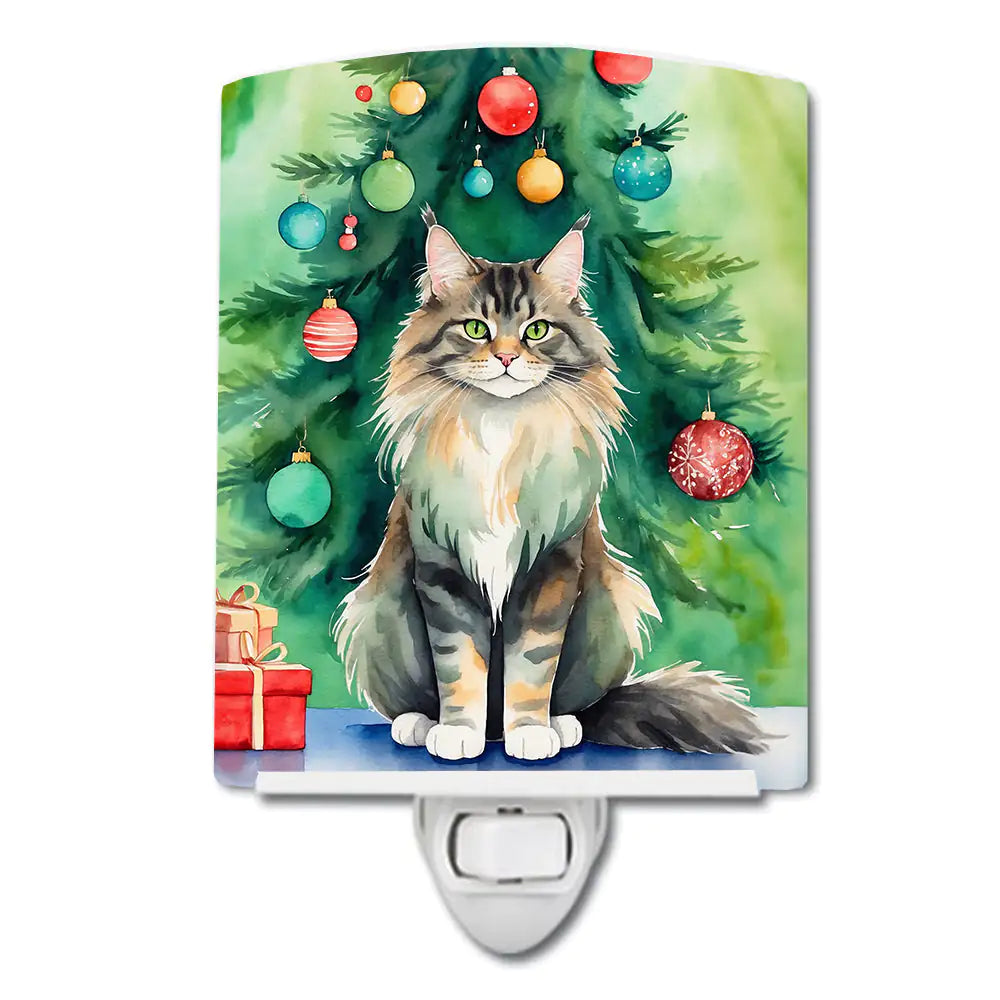 MaineCoon Cat By the Christmas Tree Ceramic Night Light