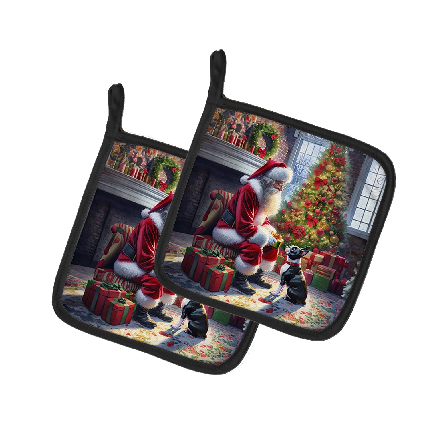Boston Terrier and Santa Claus Pair of Pot Holders