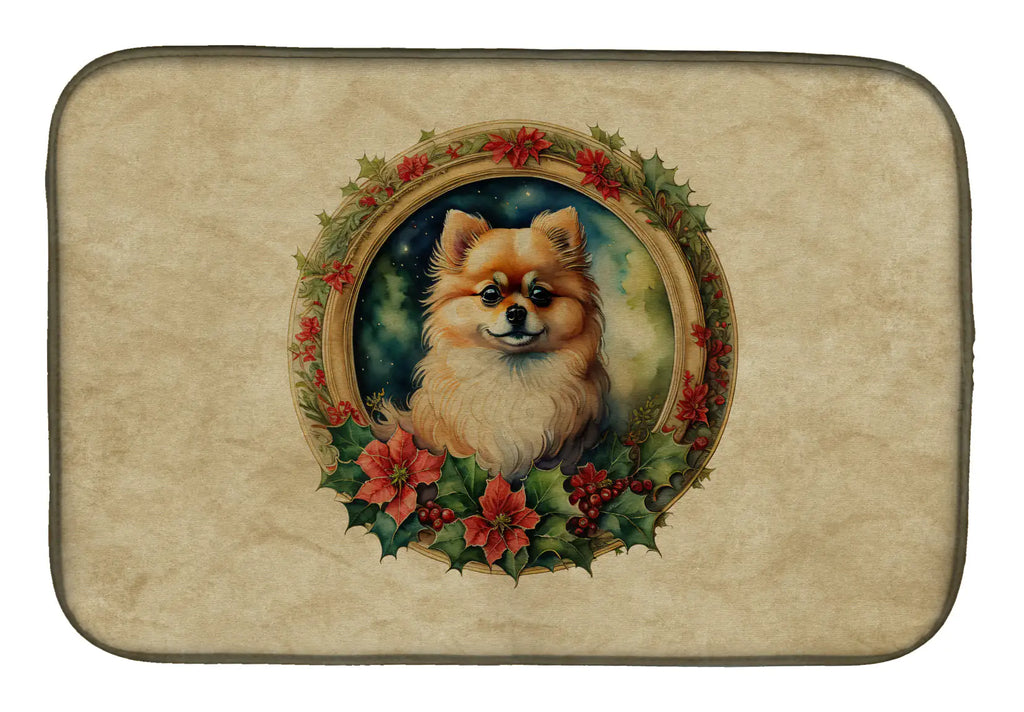 Pomeranian Christmas Flowers Dish Drying Mat