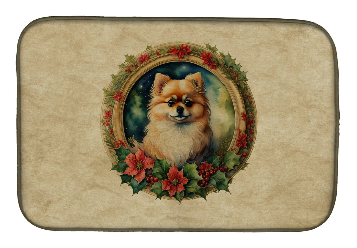 Pomeranian Christmas Flowers Dish Drying Mat