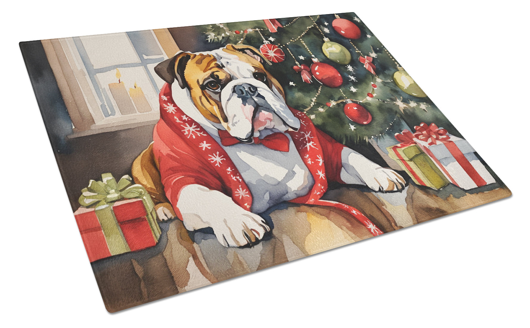 English Bulldog Cozy Christmas Glass Cutting Board