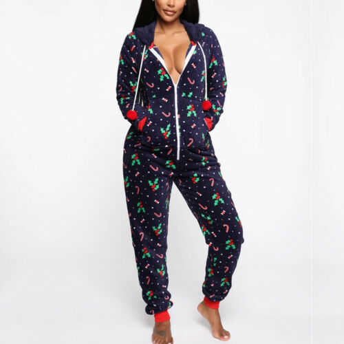 2020 Christmas Print Hooded Jumpsuit for Home Wear