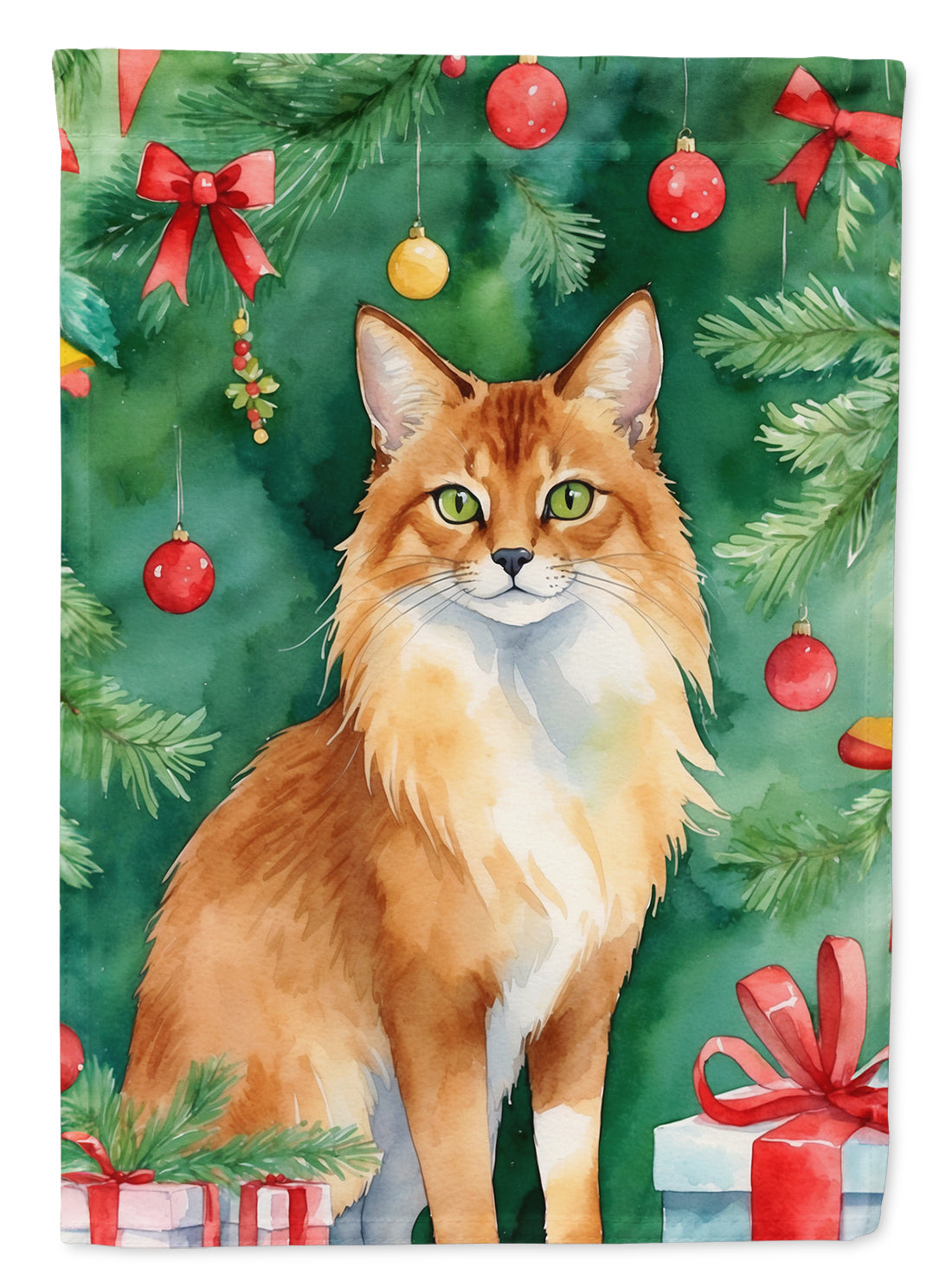 Somali Cat By the Christmas Tree House Flag