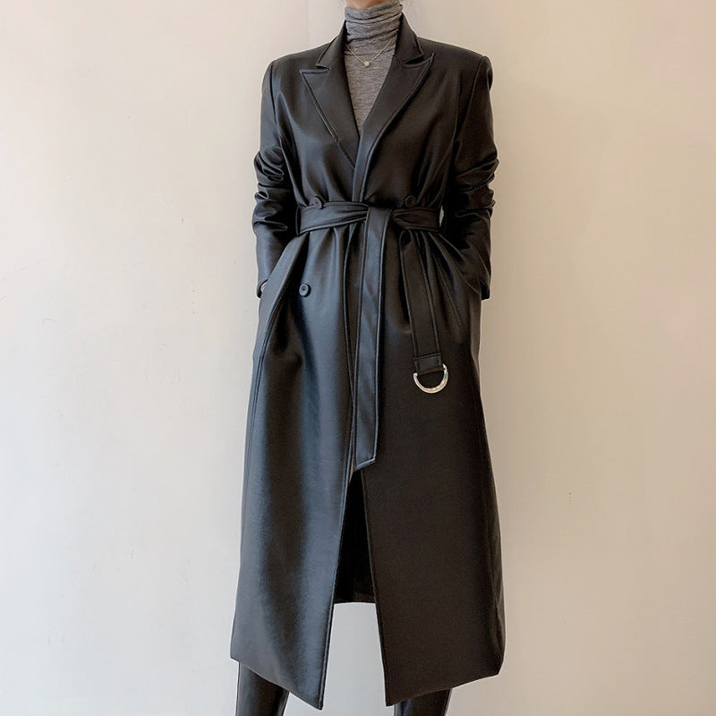 Double Breasted PU Leather Trench Coat with Collar