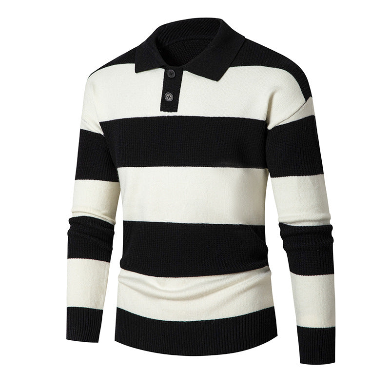 Men's Loose Contrast Color Striped Lapel Sweater