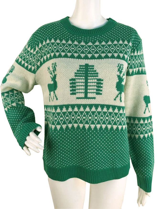 Knitted Round Neck Sweater with Reindeer Pattern