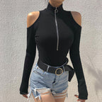 Zipper Long Sleeve T-Shirt Bodysuit with Off-Shoulder Design