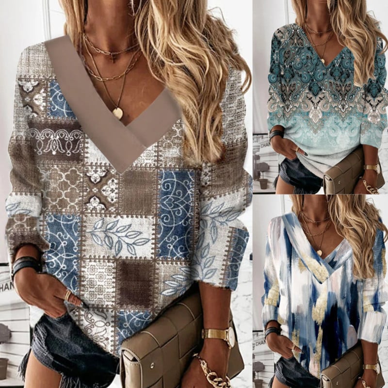 Women's Loose Floral V-neck Long Sleeve Sweater
