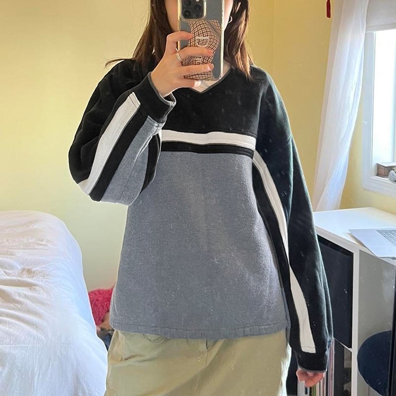 Women's Casual Loose-Fit V-Neck Striped Pullover | Streetwear