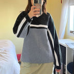 Women's Casual Loose-Fit V-Neck Striped Pullover | Streetwear
