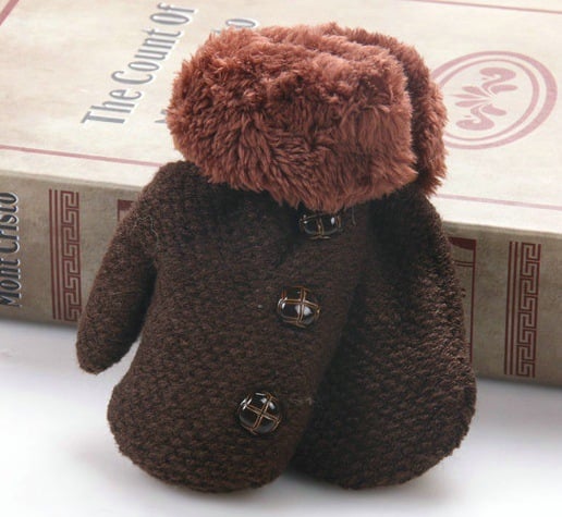 Double-Layer Knitted Velvet Children's Gloves with Lanyard
