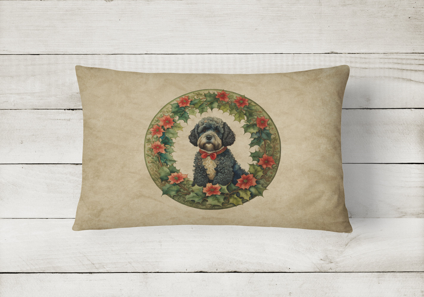 Portuguese Water Dog Christmas Flowers Throw Pillow