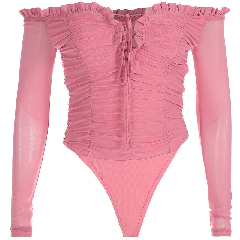 Mesh Long Sleeve Bodysuit with Off-Shoulder Design