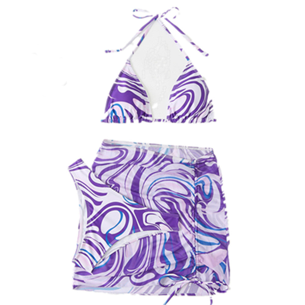 2022 Women's Striped Bikini Set with Skirt (3 Pieces)